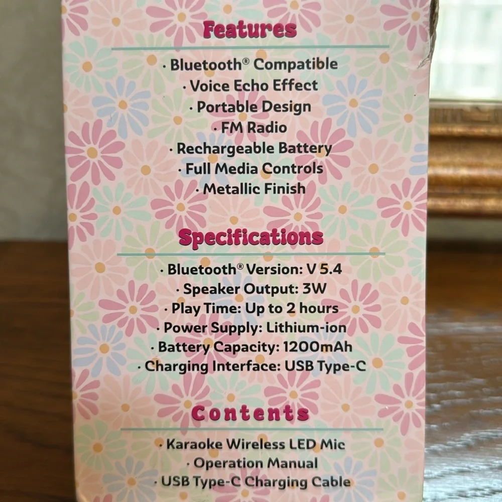 Karaoke Wireless LED Bluetooth Microphone in pink floral. Enjoy hours of fun